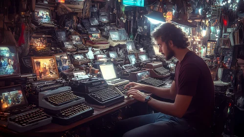 Man Typing on Antique Typewriter