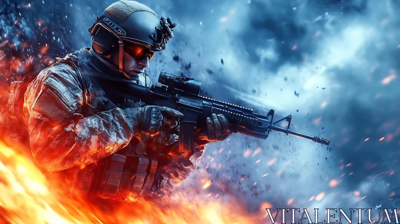 Tactical Soldier with Rifle in Battle