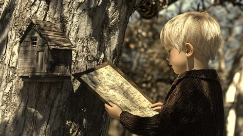 Young Explorer with Treehouse Map