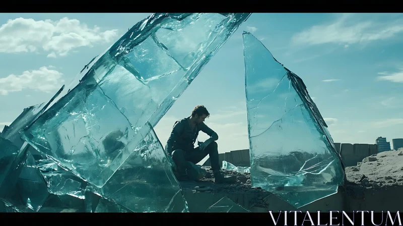 Solitude in Glass: Man Amidst Broken Pieces