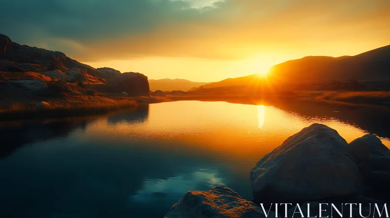 Golden Sunset Reflection on Calm Lake