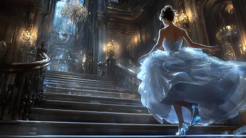 Graceful Lady in Luxurious Hall with Ball Gown and Glass Slippers