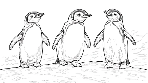 Penguins on Ice: A Black and White Sketch