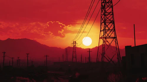 Fiery Sunset with Power Lines