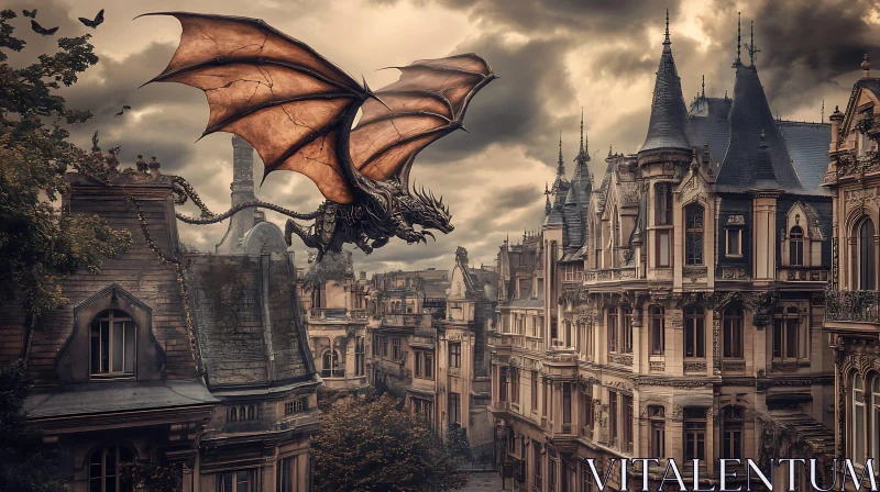 Fantasy Dragon Above Cityscape