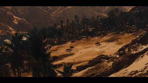 Camels in a Desert Oasis Landscape