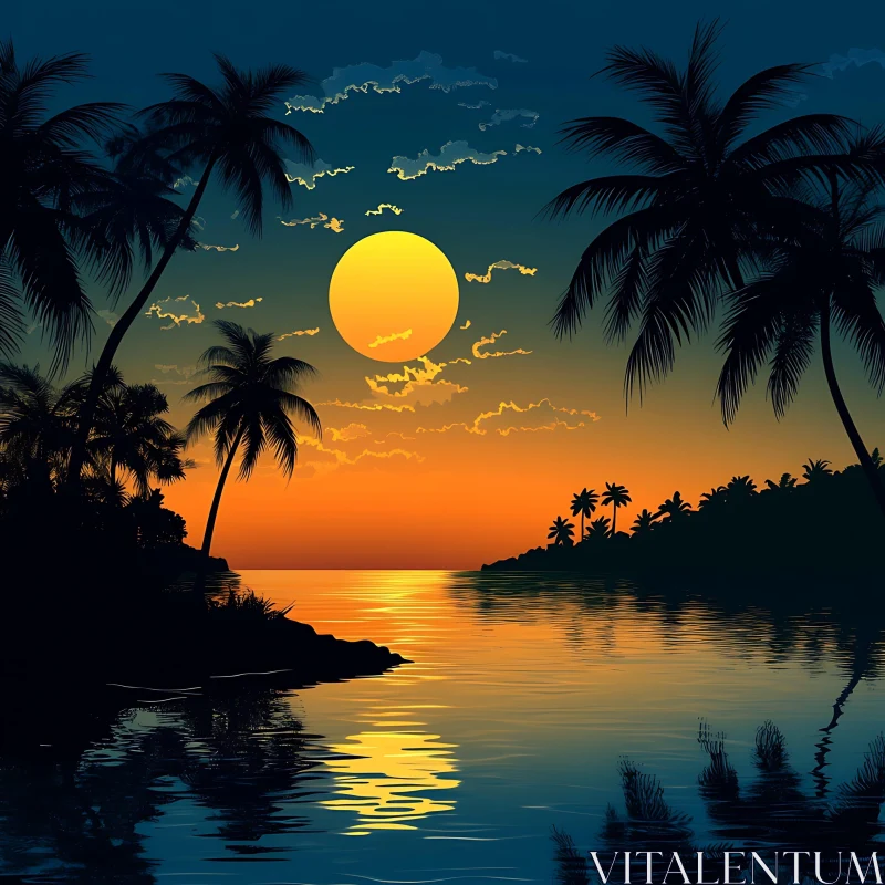 Island Sunset with Palm Trees