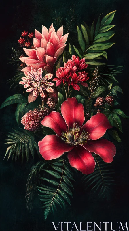 Botanical Painting with Red and Pink Flowers