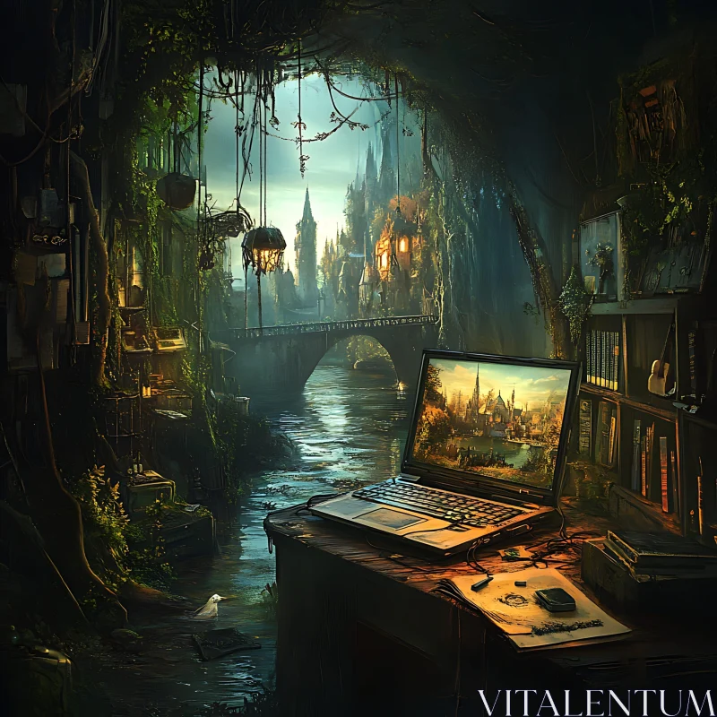 Whimsical River View Displayed on Laptop