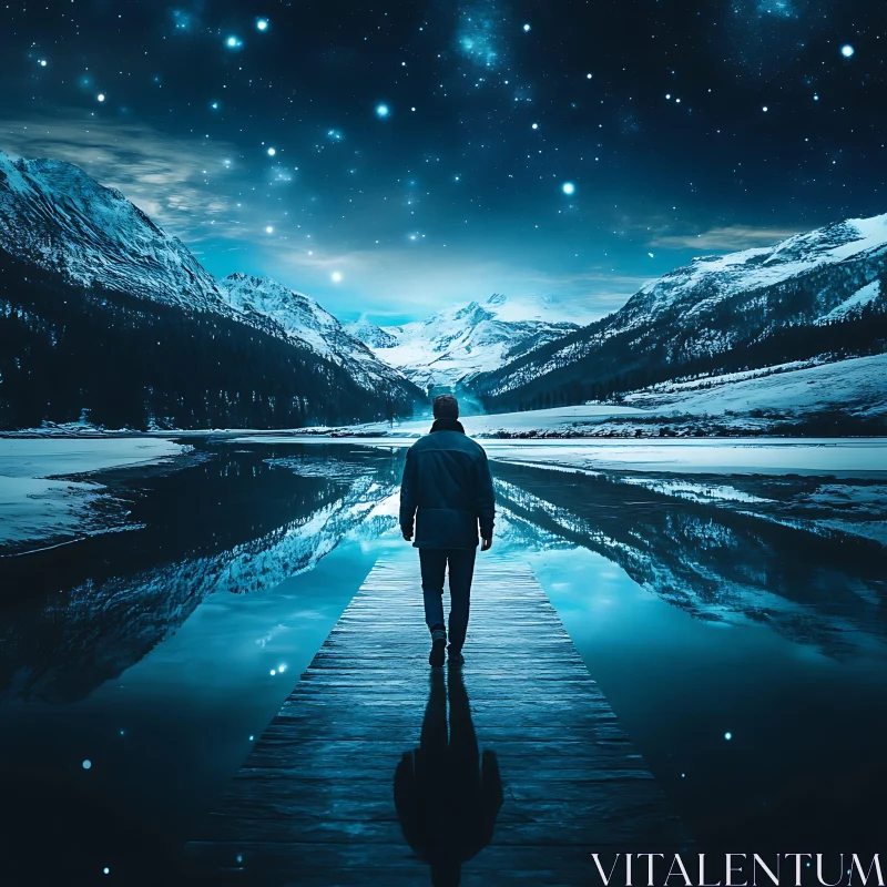 Man Walking on Pier, Snowy Mountains