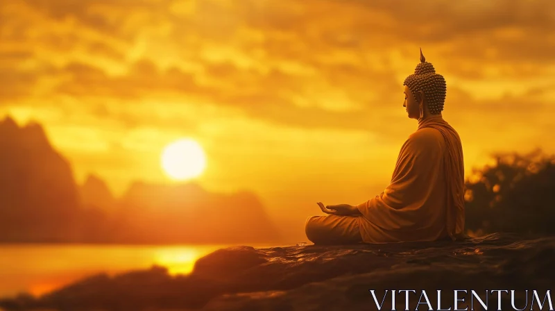 AI ART Serene Buddha at Sunset: Golden Meditation