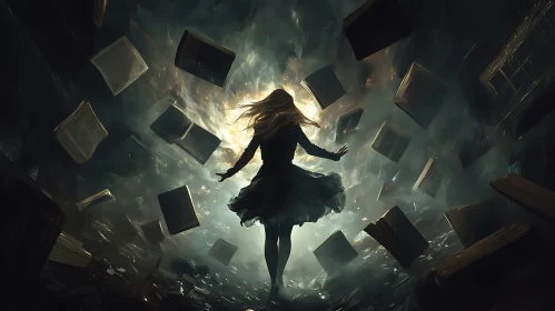 Woman Surrounded by Floating Books