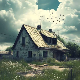 Dilapidated House with Birds in Flight