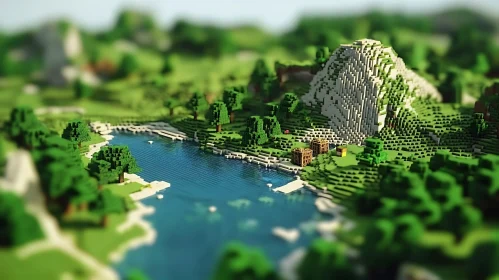Blocky Minecraft Scene with Tilt-Shift Effect