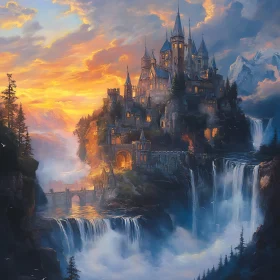 Fantasy Castle Above the Waterfalls