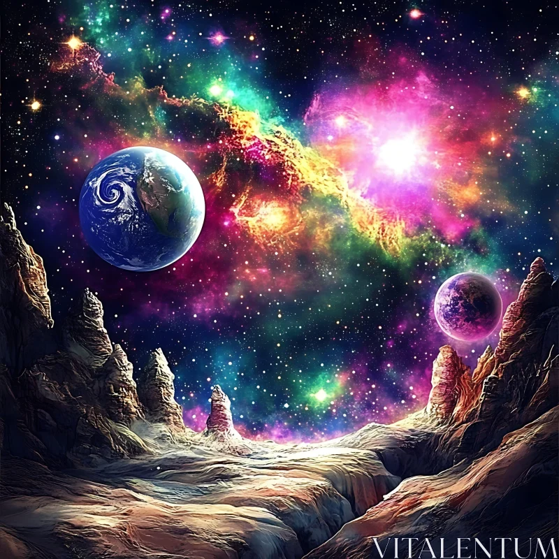 Cosmic Planets with Nebula and Alien Landscape