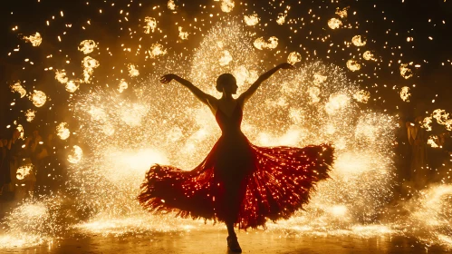 Woman in Red Dress with Fireworks