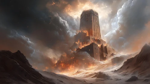 Ancient Fortress Under Ominous Clouds