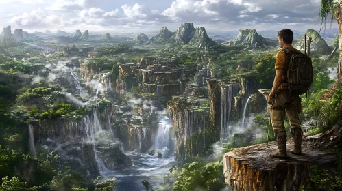 Hiker Overlooking Waterfall Paradise