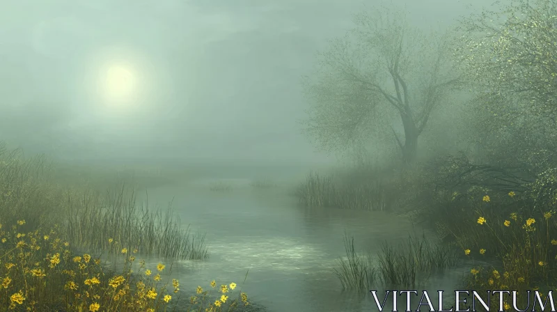 Tranquil Pond Surrounded by Mist and Sunlight