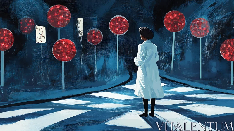 Woman in White Coat at Crossroads