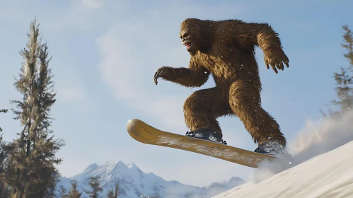 Snowboarding Sasquatch in Mountain Landscape