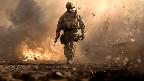 Courageous Warrior in Fiery Battlefield