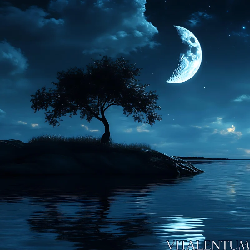 Night's Embrace: Tree and Moon AI Image