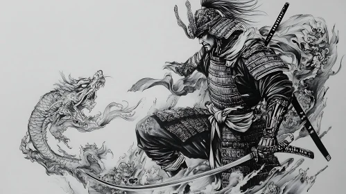 Monochrome Drawing of Samurai and Dragon