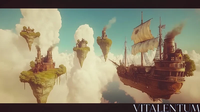 Airborne Steampunk Ship Amidst Sky Islands