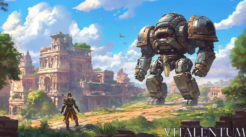 Warrior and Robot in Ruined City AI Image