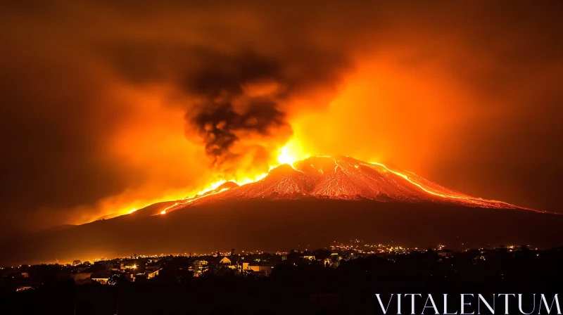 Nighttime Volcano Eruption with Glowing Lava