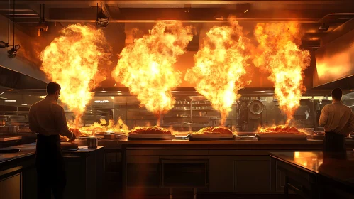 Chefs Cooking with Large Flames in a Kitchen