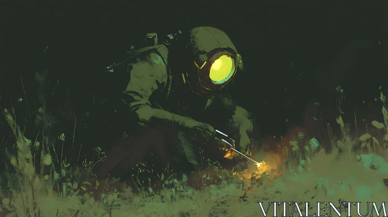 Crouching Man with Glowing Helmet