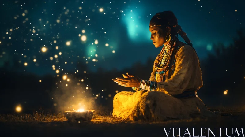 Woman Praying by Fire Under Starry Sky
