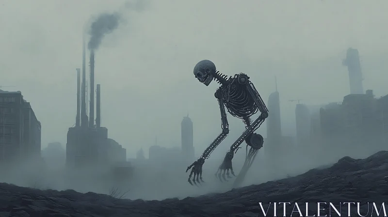 Grim Future: Skeleton Overlooking Decayed Metropolis