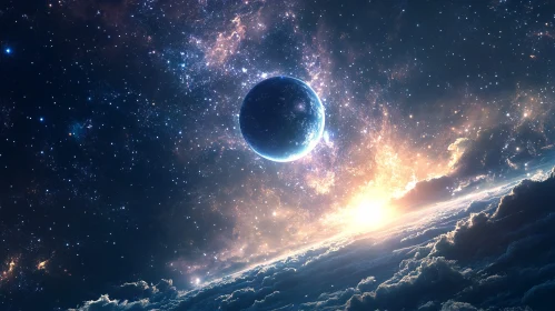 Cosmic View of Planet and Starry Sky