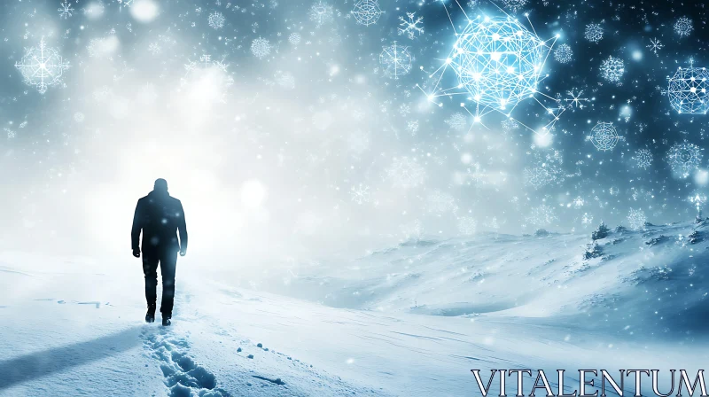 Snowy Landscape with Figure and Geometric Snowflakes