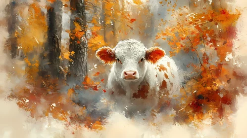 Cow in an Autumn Forest Scene