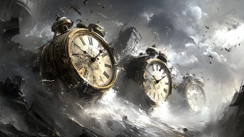 Surreal Seascape: Clocks Adrift at Sea