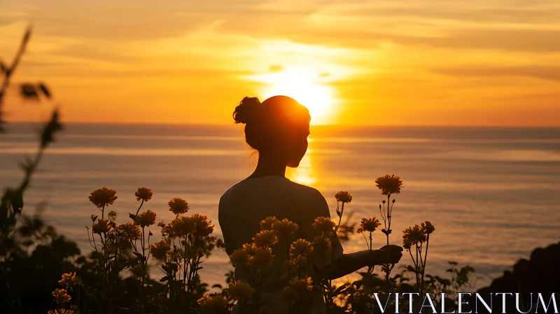 Woman's Silhouette at Sunset with Flowers
