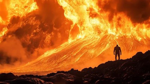 Person Facing Fiery Volcano Eruption