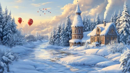 Snowy House and Tower in Winter