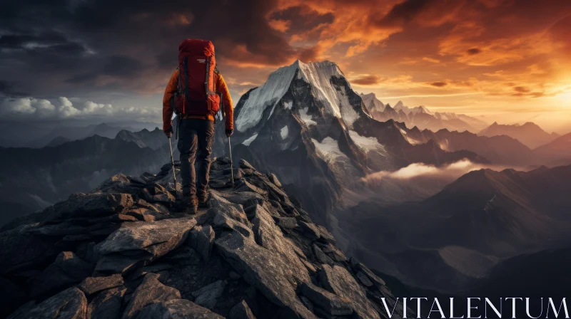 Backpacker on Mountain Summit at Sunset - A Tranquil Fantasy Landscape AI Image