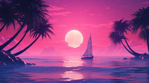 Tranquil Seascape with Sailboat and Palms