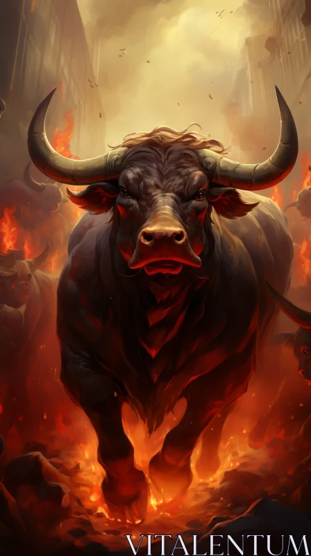 Bull Amidst Crimson Fire: A Richly Detailed Concept Art Illustration AI Image
