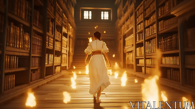 Woman's Journey Through Burning Library AI Image