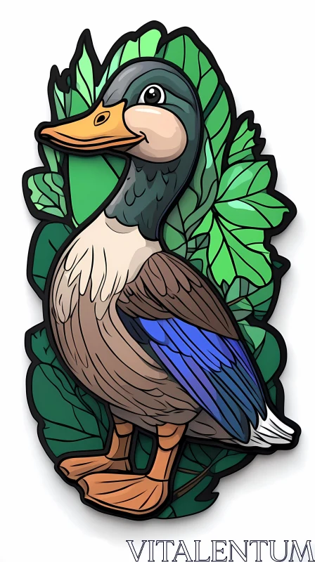 Playful Cartoon Duck Among Leaves