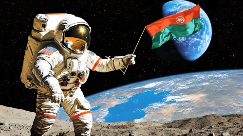 Lunar Landing with National Banner