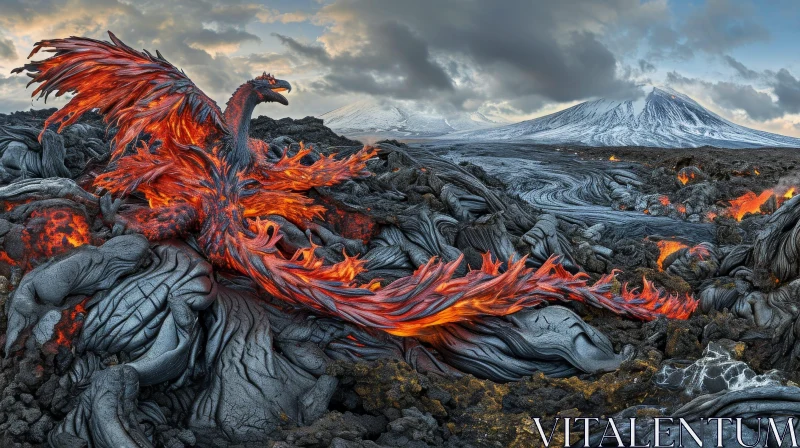 Captivating Volcanic Landscape: Fiery Volcano and Lava Bird AI Image